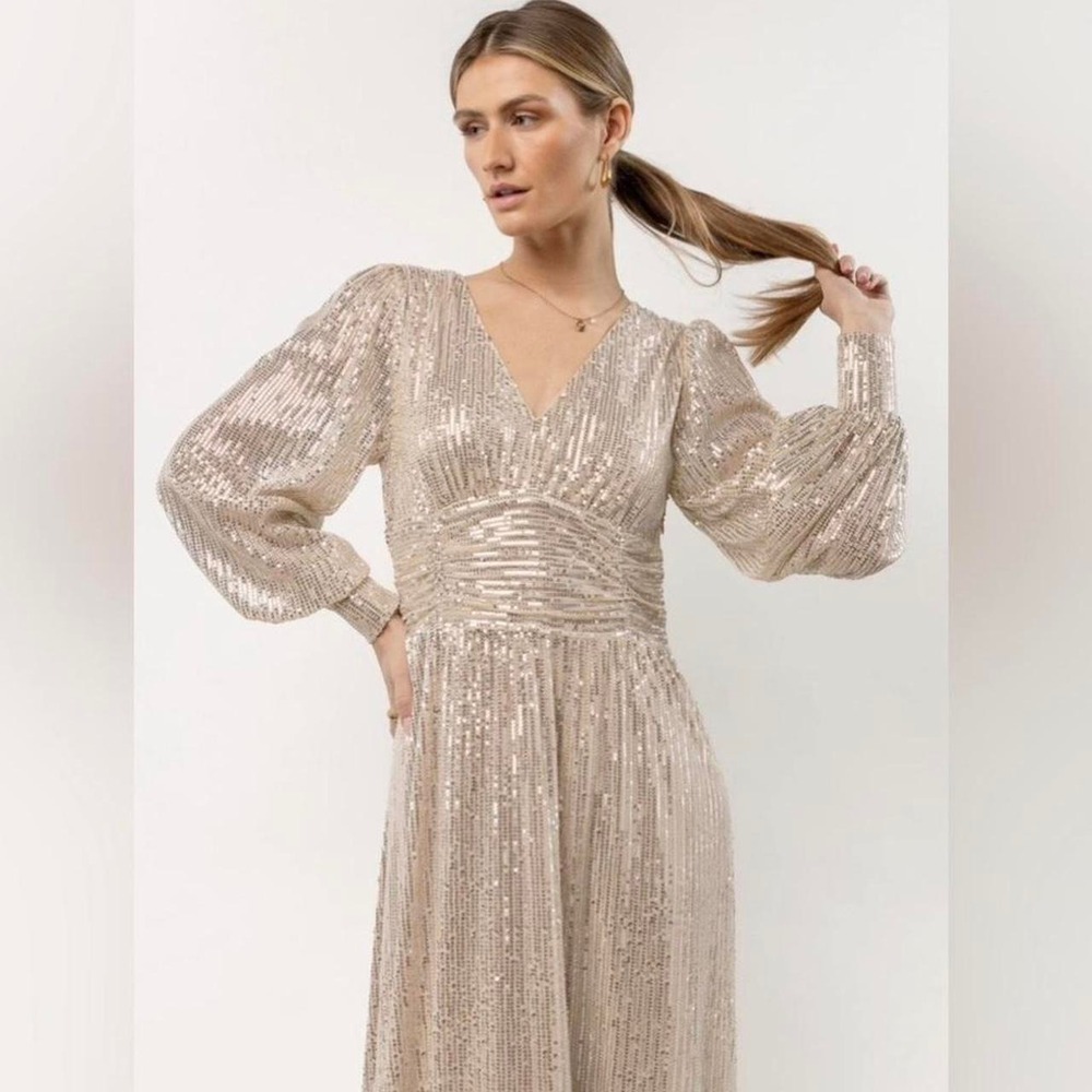 Böhme Gold sequin maxi dress with long sleeves & V-neckline & Bishop Sleeve Sz M